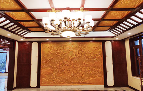 新华中式别墅客厅中式木作横梁吊顶装饰展示