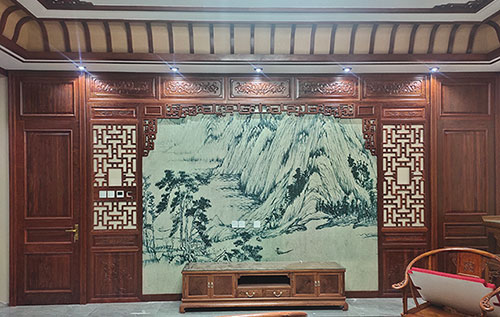 新华中式仿古别墅客厅背景墙花格木作装饰
